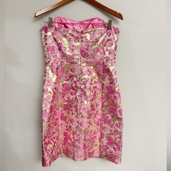 Lilly Pulitzer Silk Raya Dress Pink Gold Jacquard Mini Strapless Sweetheart Sz 8 - Picture 5 of 10